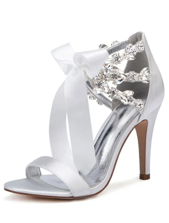 Women's Rhinestone Lace Up Wedding Shoes Heeled Sandals in Satin