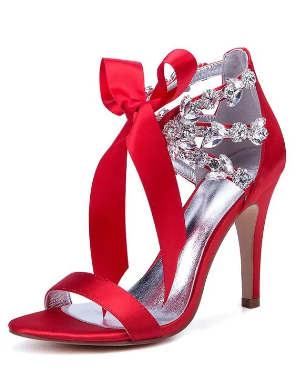 Women's Rhinestone Lace Up Wedding Shoes Heeled Sandals in Satin