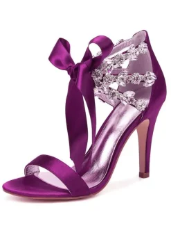 Women's Rhinestone Lace Up Wedding Shoes Heeled Sandals in Satin