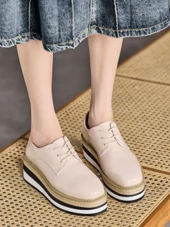 Women's Round Toe Wedge Heel Patent Leather Oxfords