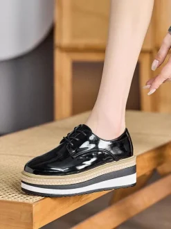 Women's Round Toe Wedge Heel Patent Leather Oxfords