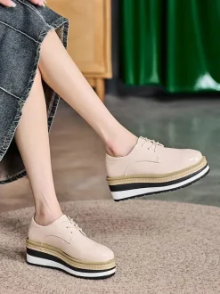 Women's Round Toe Wedge Heel Patent Leather Oxfords