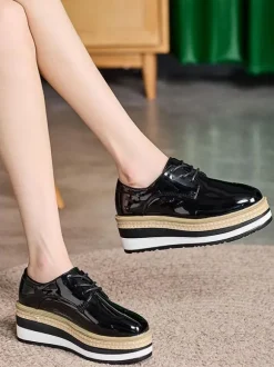 Women's Round Toe Wedge Heel Patent Leather Oxfords