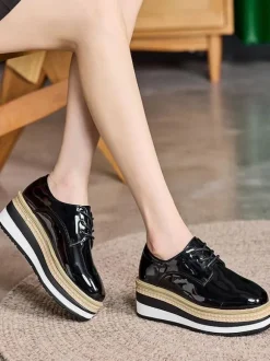 Women's Round Toe Wedge Heel Patent Leather Oxfords