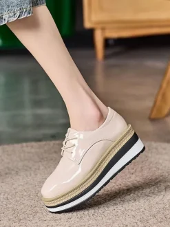 Women's Round Toe Wedge Heel Patent Leather Oxfords