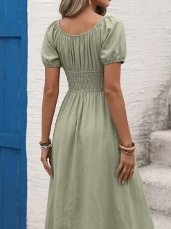 Women's Sage Green Square Neck Puff Sleeve Maxi Dress Smocked Waist Flowy Casual Summer Dress