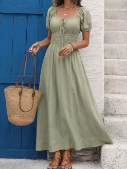 Women's Sage Green Square Neck Puff Sleeve Maxi Dress Smocked Waist Flowy Casual Summer Dress