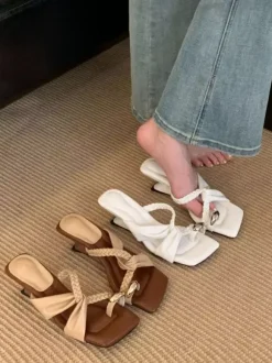 Women's Sandal Slippers Thong Detail Deisgned Heel Strappy Sandal Slides