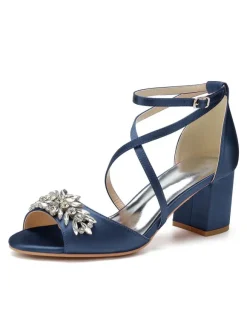 Women's Satin Rhinestones Cross Over Low Heel Bridal Sandals