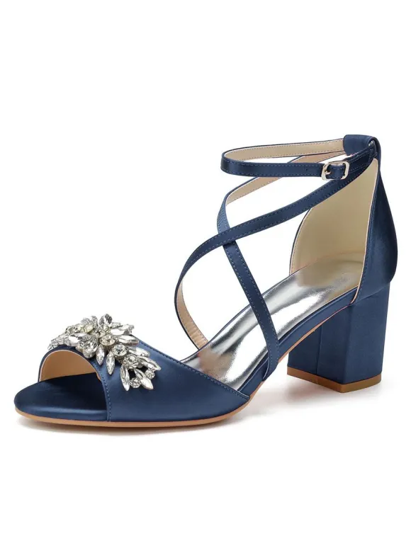 Women's Satin Rhinestones Cross Over Low Heel Bridal Sandals
