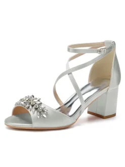 Women's Satin Rhinestones Cross Over Low Heel Bridal Sandals