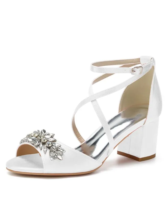Women's Satin Rhinestones Cross Over Low Heel Bridal Sandals