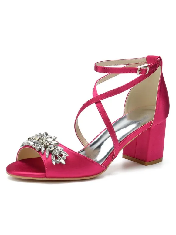 Women's Satin Rhinestones Cross Over Low Heel Bridal Sandals