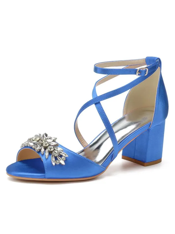 Women's Satin Rhinestones Cross Over Low Heel Bridal Sandals