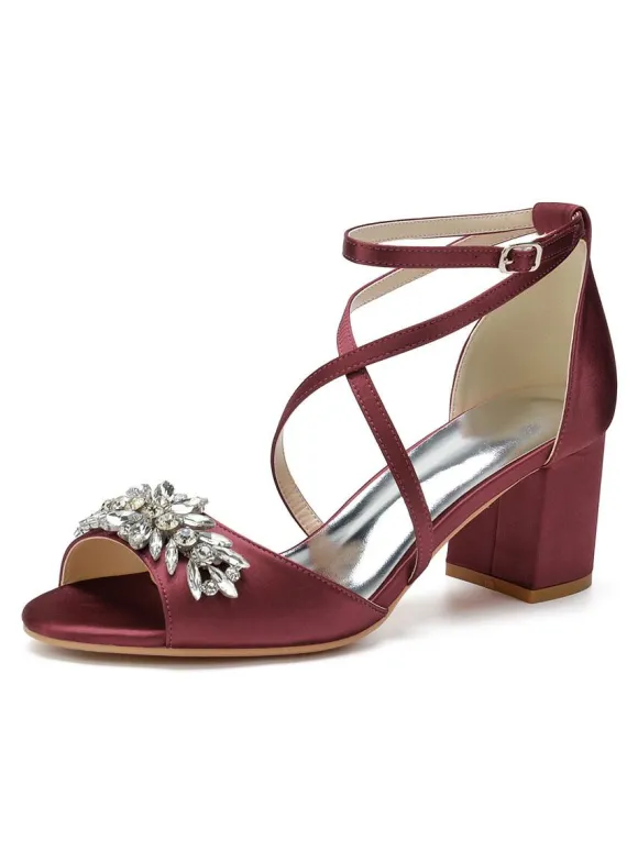 Women's Satin Rhinestones Cross Over Low Heel Bridal Sandals