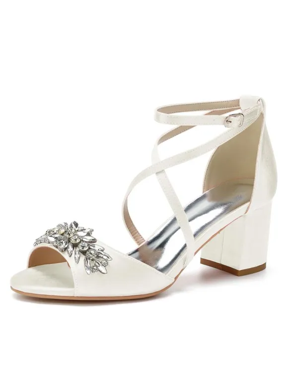 Women's Satin Rhinestones Cross Over Low Heel Bridal Sandals