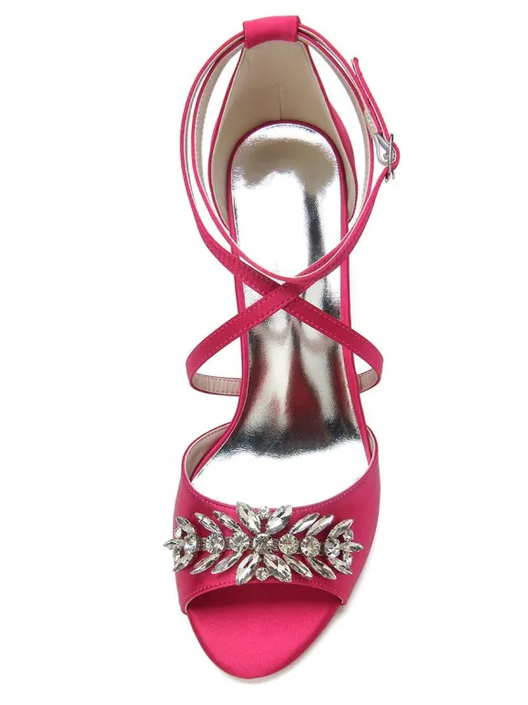 Women's Satin Rhinestones Cross Over Low Heel Bridal Sandals