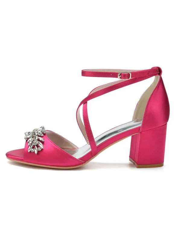 Women's Satin Rhinestones Cross Over Low Heel Bridal Sandals