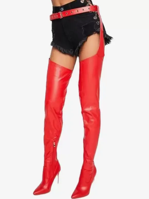 Womens Sexy Boots Pointed Toe Slip-On Buckle Stiletto Heel Over The Knee Black Thigh High Boots