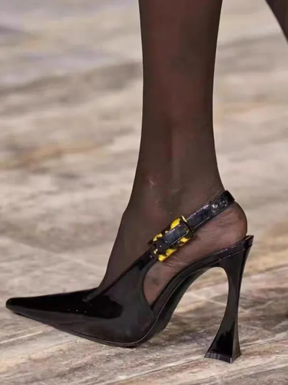 Women's Slingback Heels Buttons Special-Shaped Heel Black Dress Shoes
