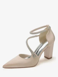 Women's Strappy Chunky Heel Bridal Pumps in Satin