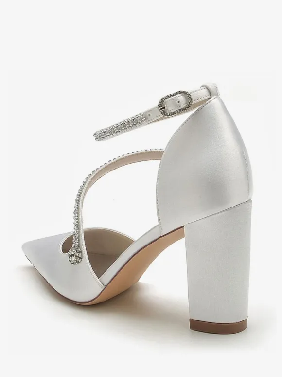Women's Strappy Chunky Heel Bridal Pumps in Satin