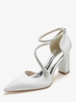 Women's Strappy Chunky Heel Bridal Pumps in Satin