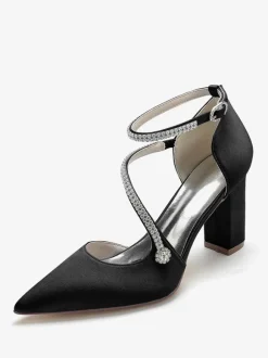 Women's Strappy Chunky Heel Bridal Pumps in Satin