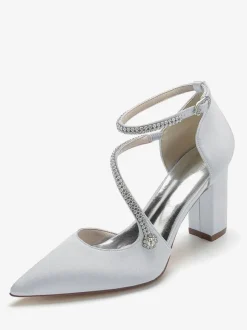 Women's Strappy Chunky Heel Bridal Pumps in Satin