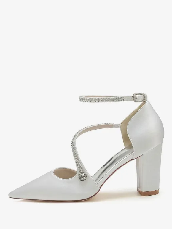 Women's Strappy Chunky Heel Bridal Pumps in Satin