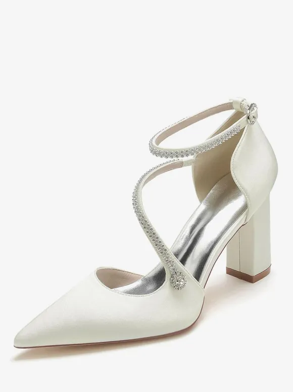 Women's Strappy Chunky Heel Bridal Pumps in Satin