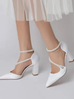 Women's Strappy Chunky Heel Bridal Pumps in Satin