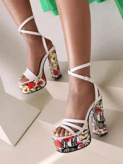 Women's Strappy Graffiti Platform Heeled Sandals