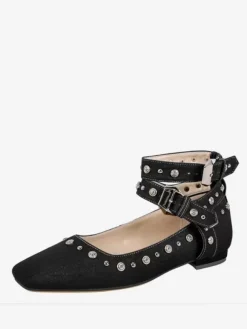 Women's Stud Flat Pumps Pointed Toe Ankle Strap Ballet Flats