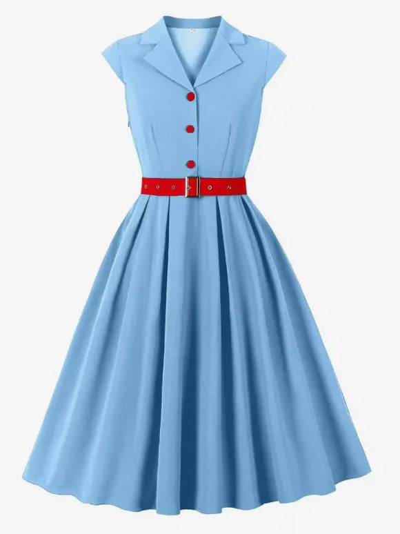 Women's 1950s Vintage Swing Dress Sleeveless Collared A-Line Tea Party Dress