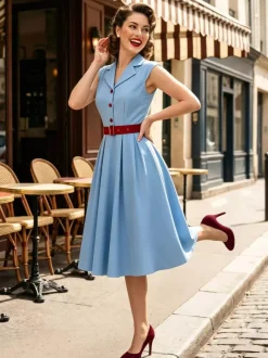 Women's 1950s Vintage Swing Dress Sleeveless Collared A-Line Tea Party Dress