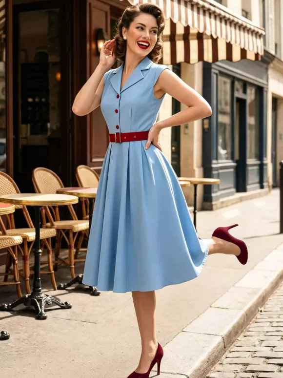 Women's 1950s Vintage Swing Dress Sleeveless Collared A-Line Tea Party Dress