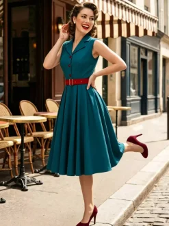 Women's 1950s Vintage Swing Dress Sleeveless Collared A-Line Tea Party Dress