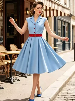 Women's 1950s Vintage Swing Dress Sleeveless Collared A-Line Tea Party Dress