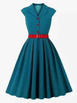 Women's 1950s Vintage Swing Dress Sleeveless Collared A-Line Tea Party Dress