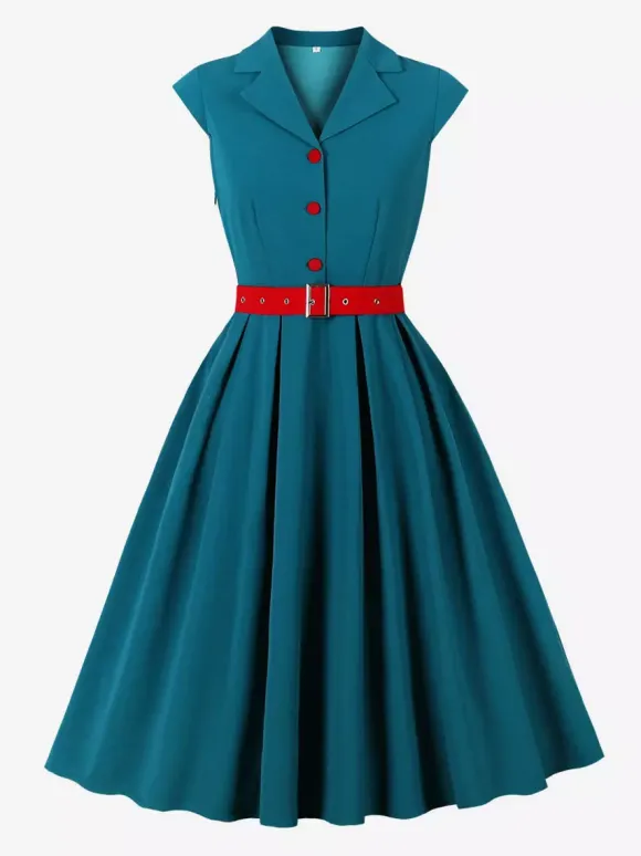 Women's 1950s Vintage Swing Dress Sleeveless Collared A-Line Tea Party Dress