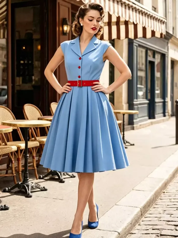 Women's 1950s Vintage Swing Dress Sleeveless Collared A-Line Tea Party Dress
