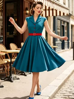 Women's 1950s Vintage Swing Dress Sleeveless Collared A-Line Tea Party Dress