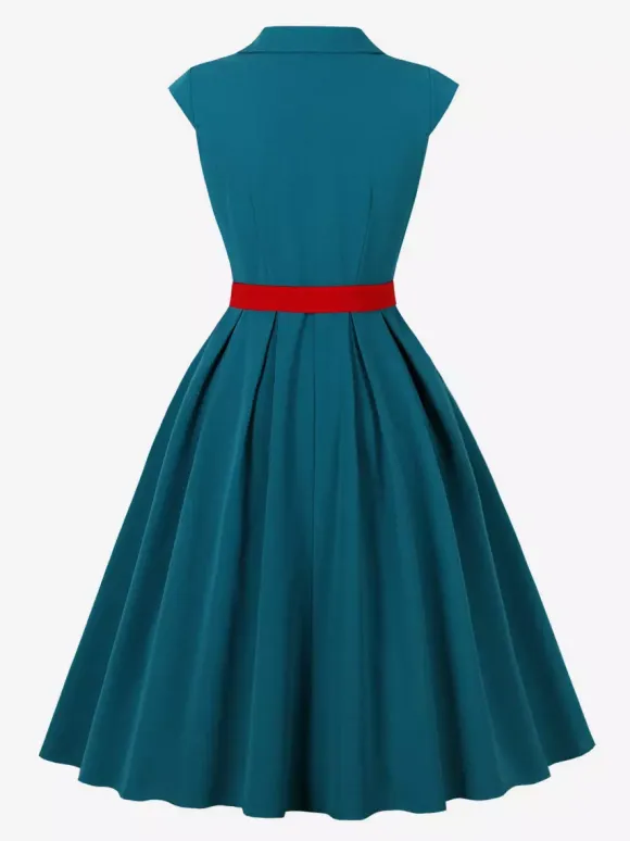Women's 1950s Vintage Swing Dress Sleeveless Collared A-Line Tea Party Dress