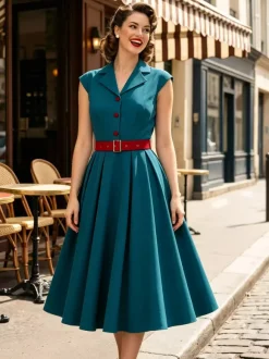 Women's 1950s Vintage Swing Dress Sleeveless Collared A-Line Tea Party Dress