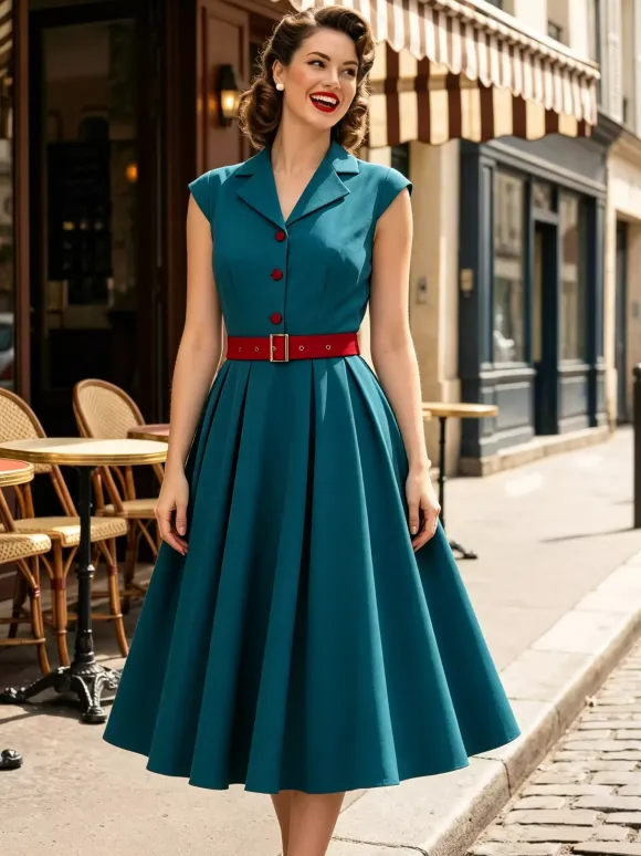 Women's 1950s Vintage Swing Dress Sleeveless Collared A-Line Tea Party Dress