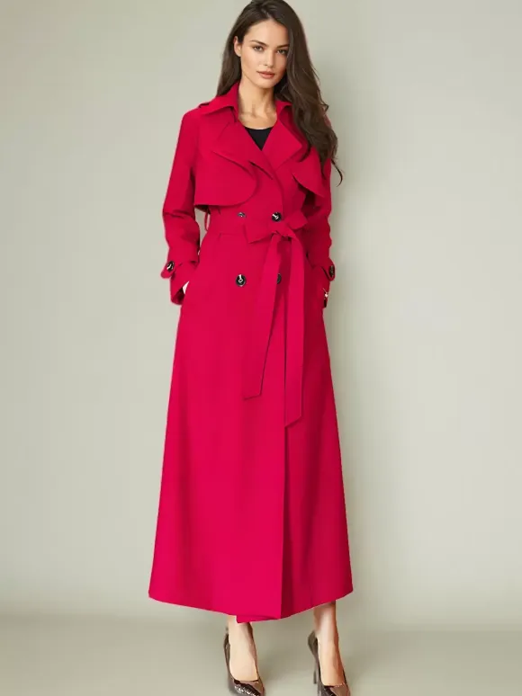 Women's Trench Coat Modern Polyester Turndown Collar Buttons Full Length Coat