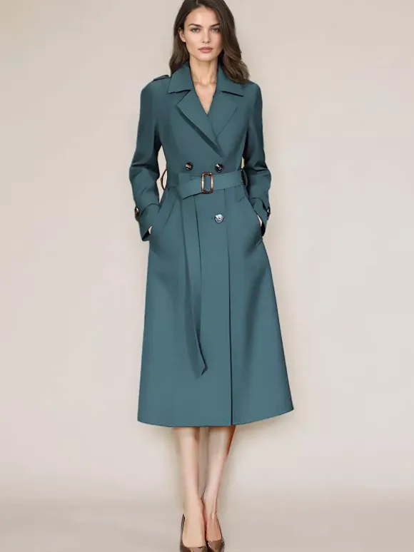 Women's Trench Coat Practical Buttons Turndown Collar Long Sleeves Polyester Lace-up