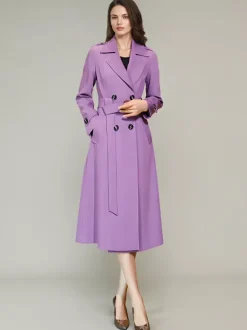Women's Trench Coat Practical Buttons Turndown Collar Long Sleeves Polyester Lace-up