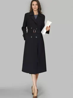 Women's Trench Coat Practical Buttons Turndown Collar Long Sleeves Polyester Lace-up